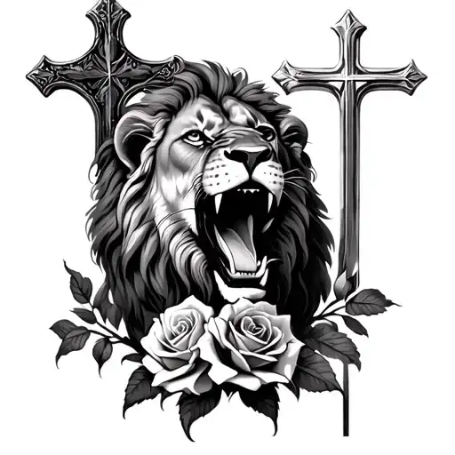 Lion Roaring With Cross And Rose Tattoo Realistic Portrait