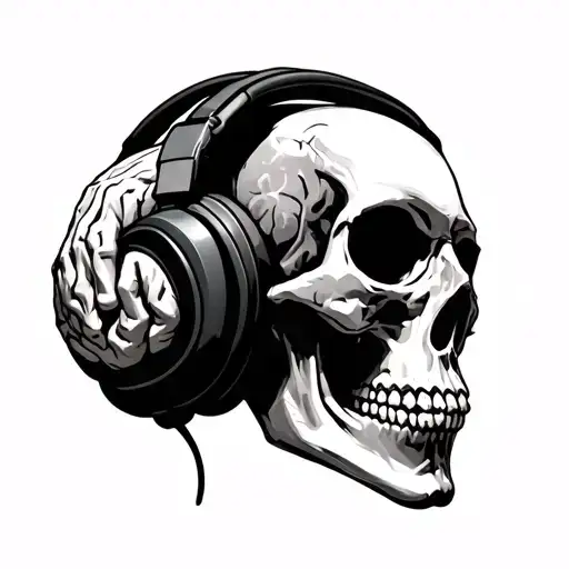 Skull With Headphones And Instead Of A Brain Theres A Person Sitting Grabing His Head