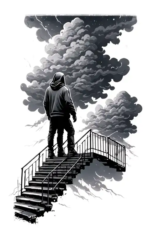 Man In The Hoodies Stands Goes On Stairs And The End Of The Stairs There Are Storms And Grey Clouds