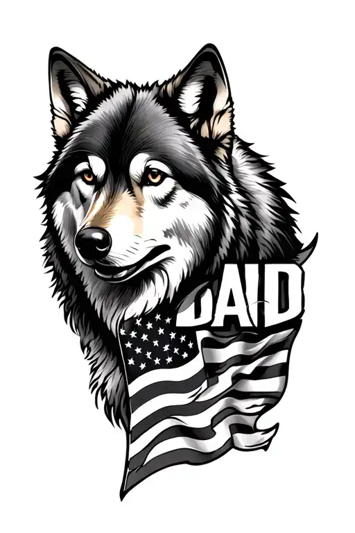 A Wolf With The Word Dad In It And A American Flag