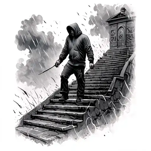 Man With Hoodie Goes On Stairs Leadin Through The Storms