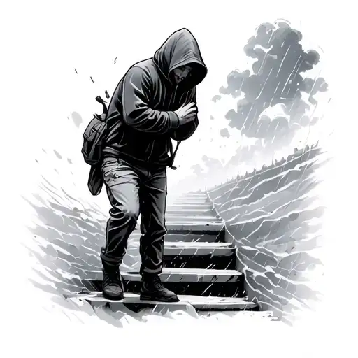 Man With Hoodie Goes Up On Stairs Leadin Through The Storms