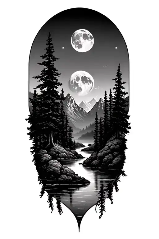 Mountains River Trees Moon