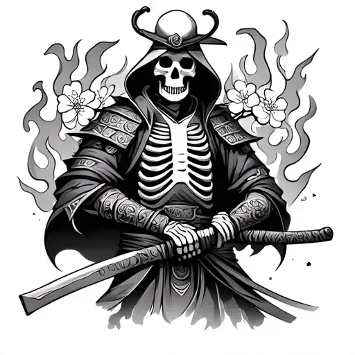 Skeleton Samurai With Flames And Cherry Blossoms