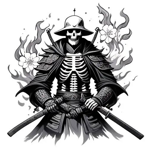 Skeleton Samurai With Flames And Cherry Blossoms