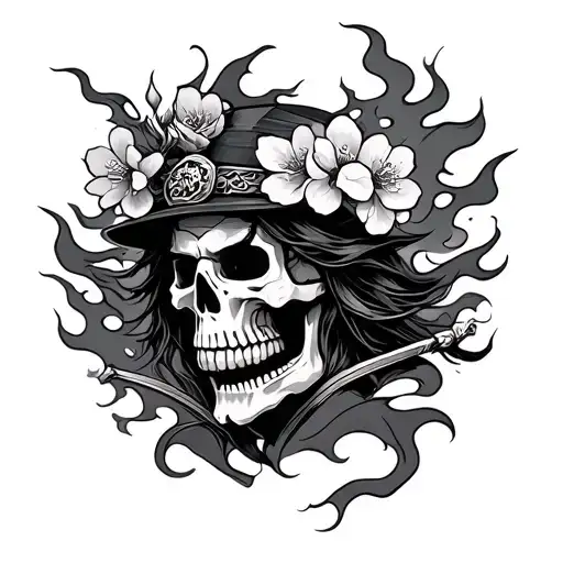 Skeleton Samurai Face With Flames And Cherry Blossoms