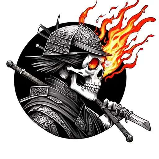 Skeleton Samurai With Flames Coming Out It's Eyes With Cherry Blossoms Around