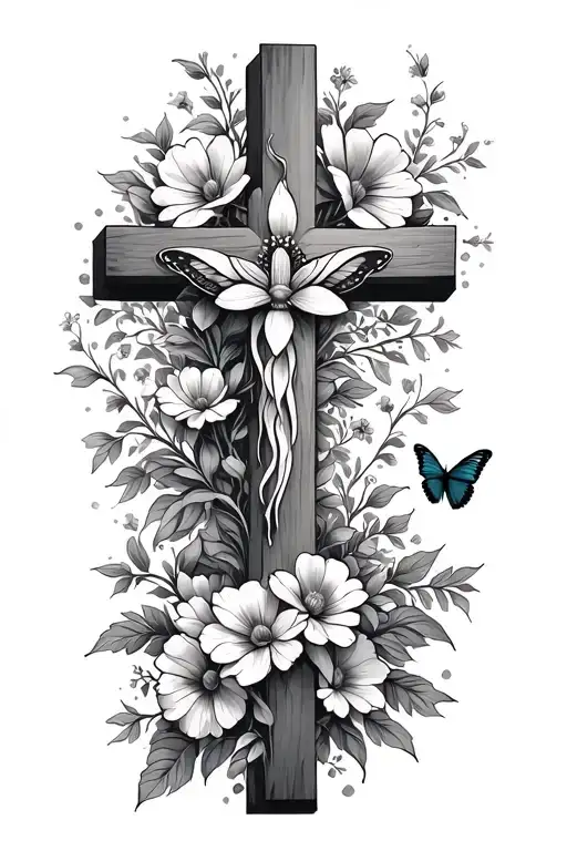 A Cross With Flowers And A Butterfly Landing