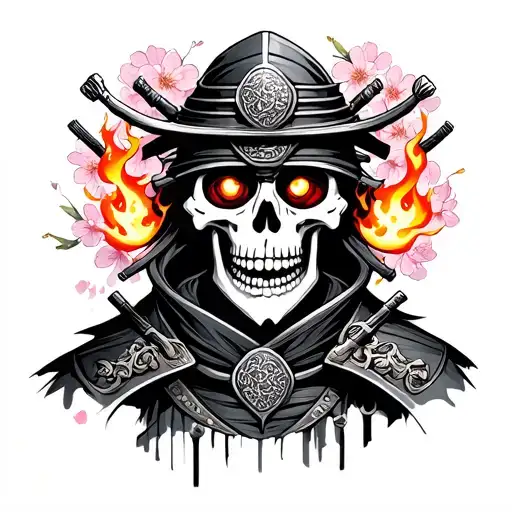 Skeleton Samurai With Flames Coming Out It's Eyes With Cherry Blossoms Around