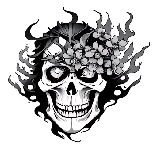Skeleton Samurai Face Shot With Flames Coming Out It's Eyes With Cherry Blossoms Around