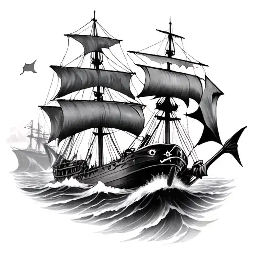 Pirate With Ship Shark Pulling Down The Ships Achor