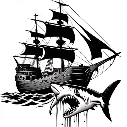 Pirate Ship With Pirate Head Under The Ship With The Shark Pulling Down The Ships