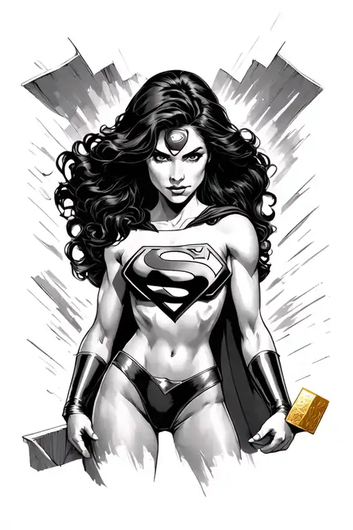 Superwoman With Superman Holding Up Gold Block Of A Wall