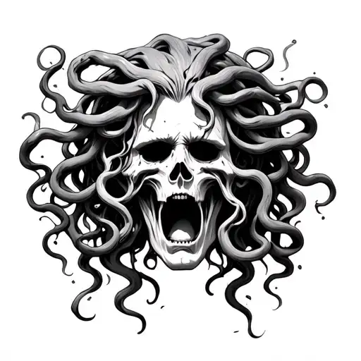 Crying Medusa Head With Black Features And Skulls
