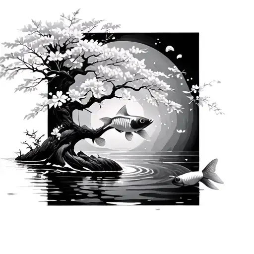Cherry Blossom Tree And Koi Fish Swimming