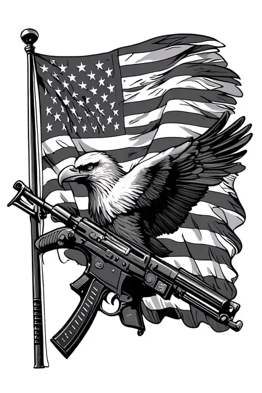 American Flag With A American Eagle And Machine Gun