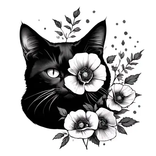 Black Cat Silhouette With Poppy's And Roses Blooming