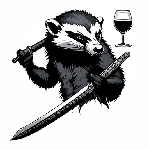 Honey Badger With Katana Sword And Wine Glass In Hand