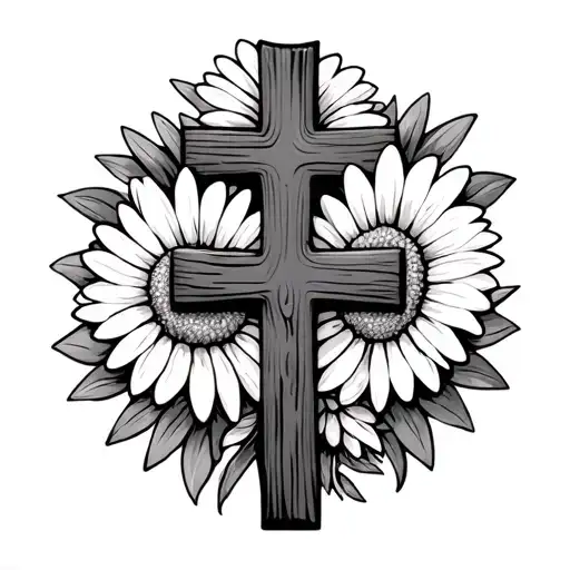 Wooden Cross Sorounded By Daisies