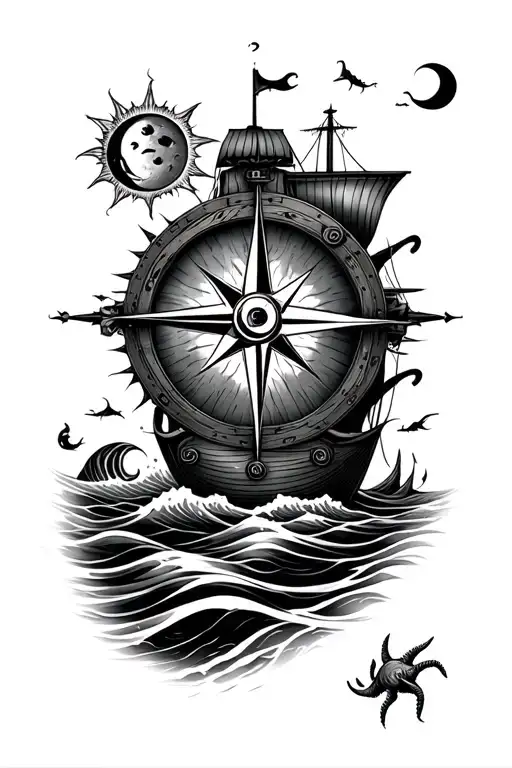 Old Compass Old Boat With Waves Sun Moon And Some Sea Creatures Design Abstract Style