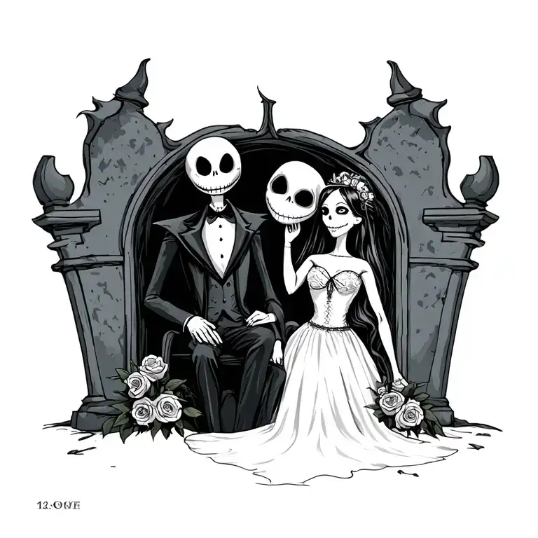 Jack And Sally Wedding Scene With Tombstone For Arch