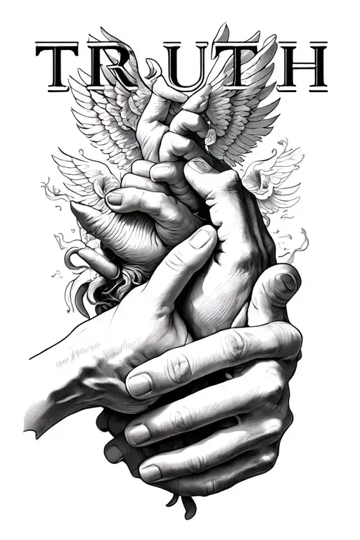 Tattoo Of The Two Hands Touching From The Creation Of Adam With The Word Truth