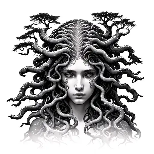 Medusa Holding Head Surronded By Trees In The Snow
