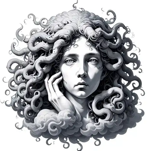 Medusa Holding Head Surronded By Clouds