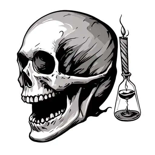 Skull With The Mouth Open With A Hour Glass In The Mouth With A Candle Sticking Out Of Its Head