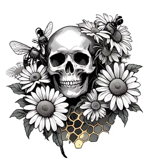 Skulls And Daisys With A Few Bees And Honeycomb Filler Darker For Shin