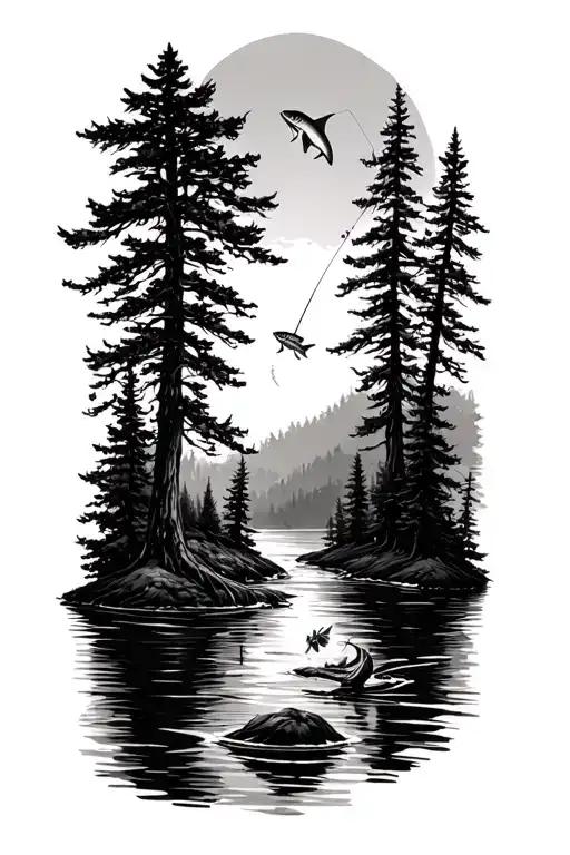 Trees And River Flowing With Fly Fishing And Fish Jumping Out Of The Water