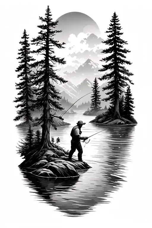 Trees And River Flowing With Man Fly Fishing