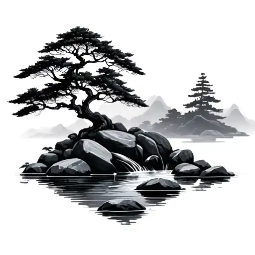 Zen Garden Rocks Stream And Tree