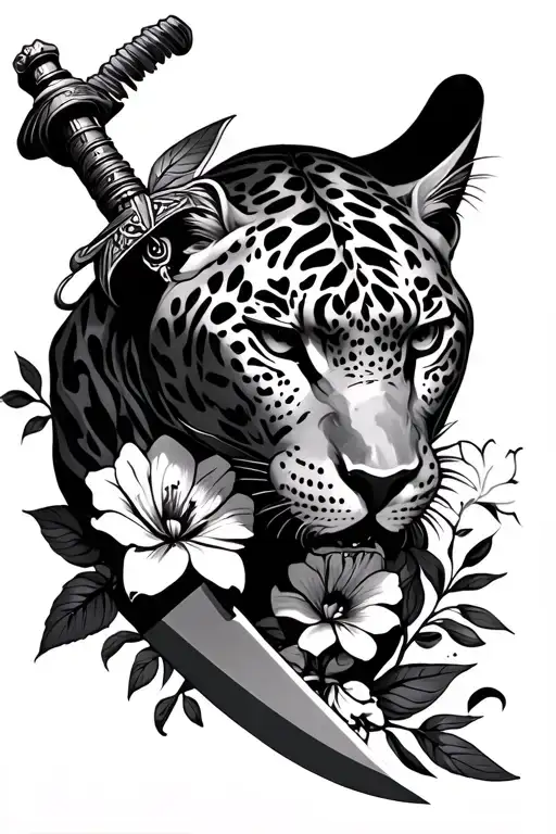 Flowers And A Jaguar Warrior Wielding A Sword Black And Grey