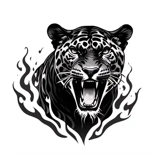 Angry And Realistic Black Jaguar With Fire