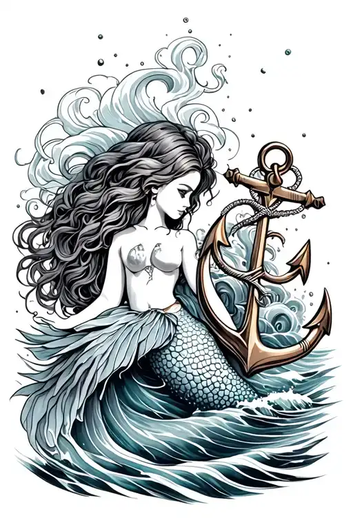 Waves A Mermaid And Anchor Intertwined