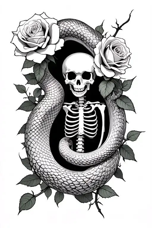 Snake Shedding Skin Revealing A Skeleton With Roses And Thorns Growing From Inside Its Skeleton