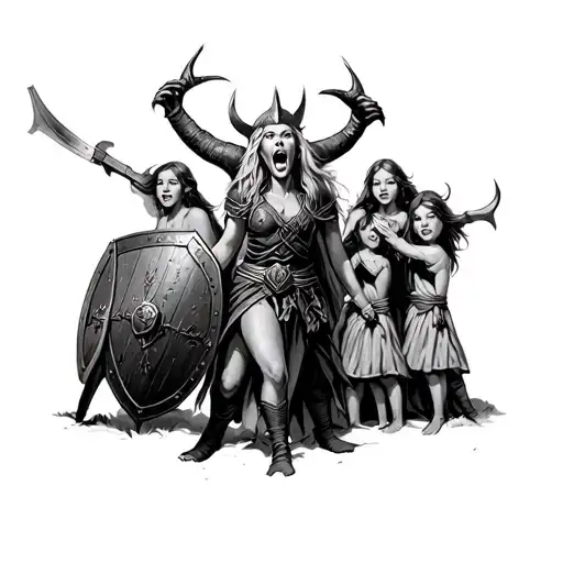 A Viking Woman Yelling Holding A Shield Protecting 3 Girls From The Devil