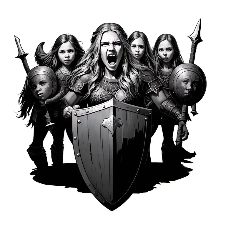 A Viking Woman Yelling Holding A Shield Protecting 3 Girls