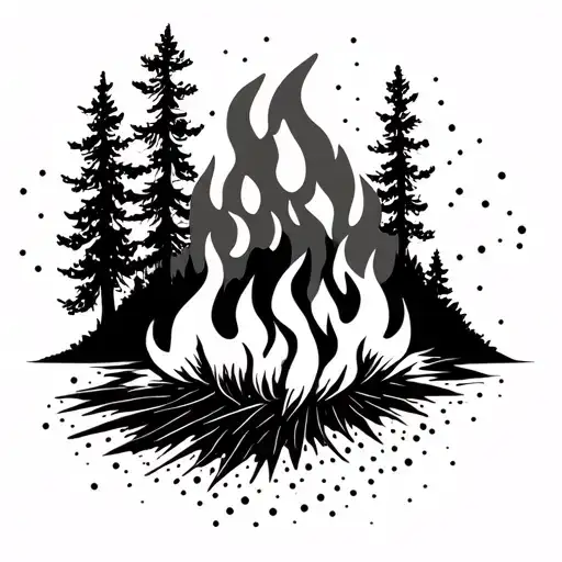 Minimalist Forest Fire With Geometic Lines And Dots Around