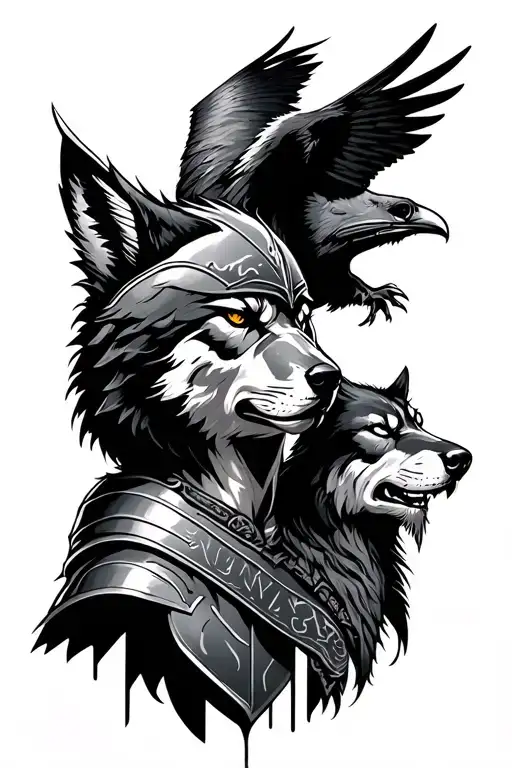 Spartan Warrior Tattoowith A Wolf And A Raven