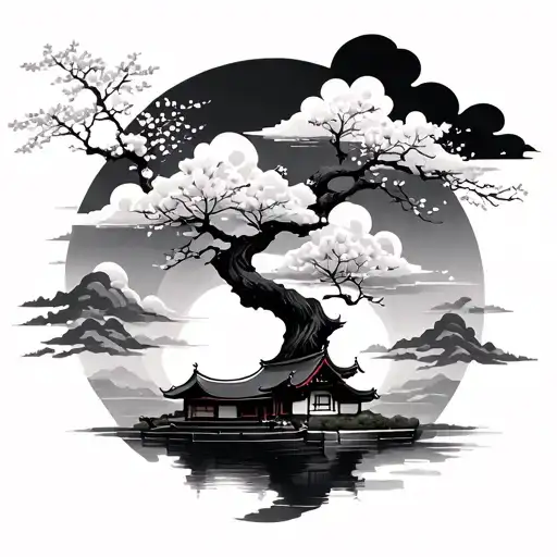 Japanese Clouds And Cherry Blossom Tree