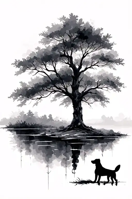 Painterly Tree Nature With Dog Silhouette