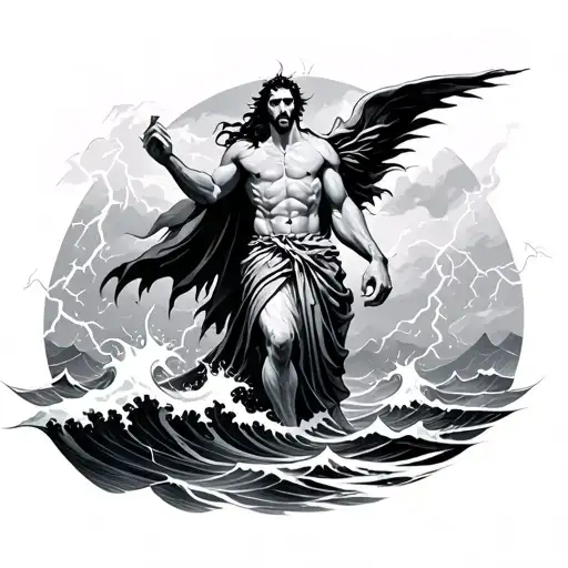 Posidon God With Lightning And Ocean Waves Crashing