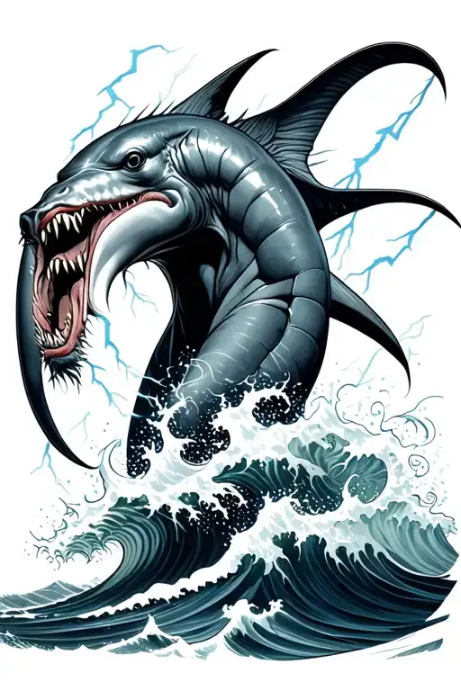 Posidon With Lightning And Ocean Waves Crashing