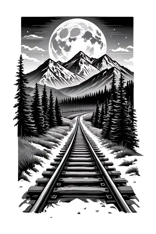 Train Track Leading To Mountian Range Under Full Moon