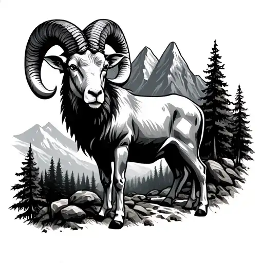 Aries Ram With Mountain And Forest Scene Around It