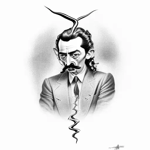 A Black And Grey Portrait Of Salvador Dali With Lightning Bolts As His Mustache
