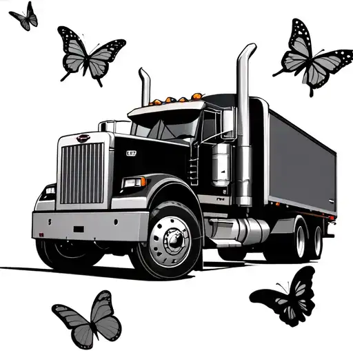 18 Wheeler With Dog Tag Handing From The Review Mirror With Butterfly's Around