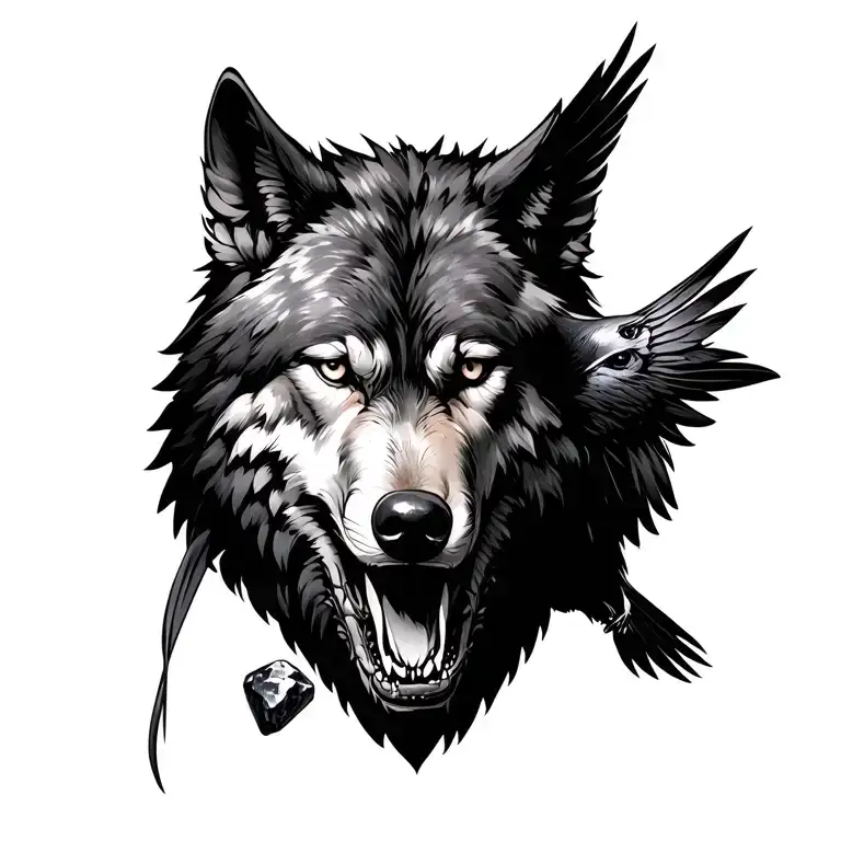 Wolf In The Mouth Has A Stone And A Raven With A Feather In The Beak